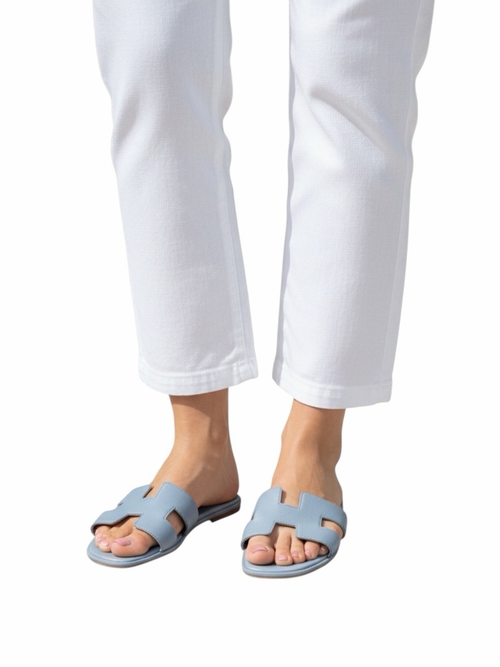 • Hermes • Oren Light Gray Leather Slide Sandals Slip On 38
